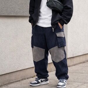 NWT Ouku Mens Corduroy Cargo Pants‎ Navy Blue Grey Colorblock Relaxed Fit Sz L